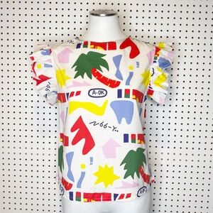 Nooworks | Ruffle Top in A-Ok Print, White Blouse Sz. Medium
